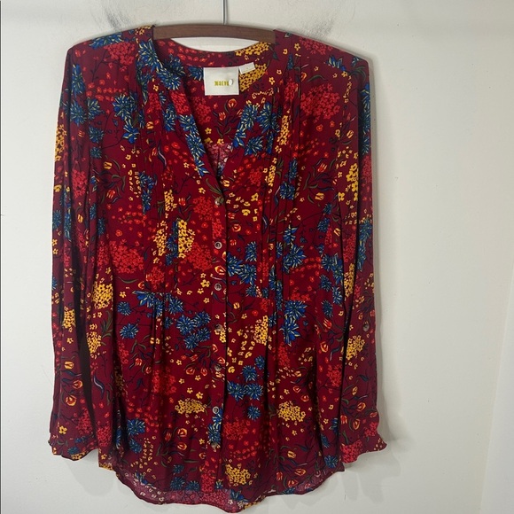 ANTHROPOLOGIE MAEVE Red Floral Long Sleeve Pintuck Blouse Size Small - Picture 4 of 16